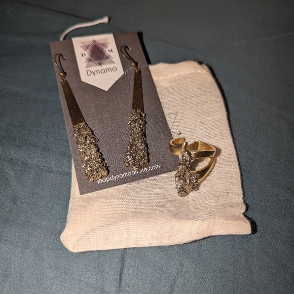 Pyrite + Gold earrings and ring set - Picture 1 of 7